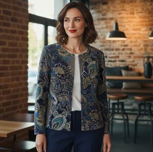 Tanjay Blue and Gold Paisley Print Full Zip Lightweight Jacket Size M